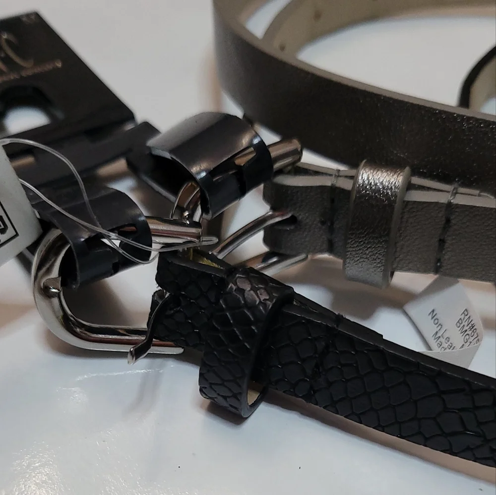 INC International Concepts Belts Skinny Medium Pewter Black Snake embossed NEW